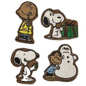 Vintage Peanuts Wooden Painted Double Sided Christmas Ornaments Lot of 4
